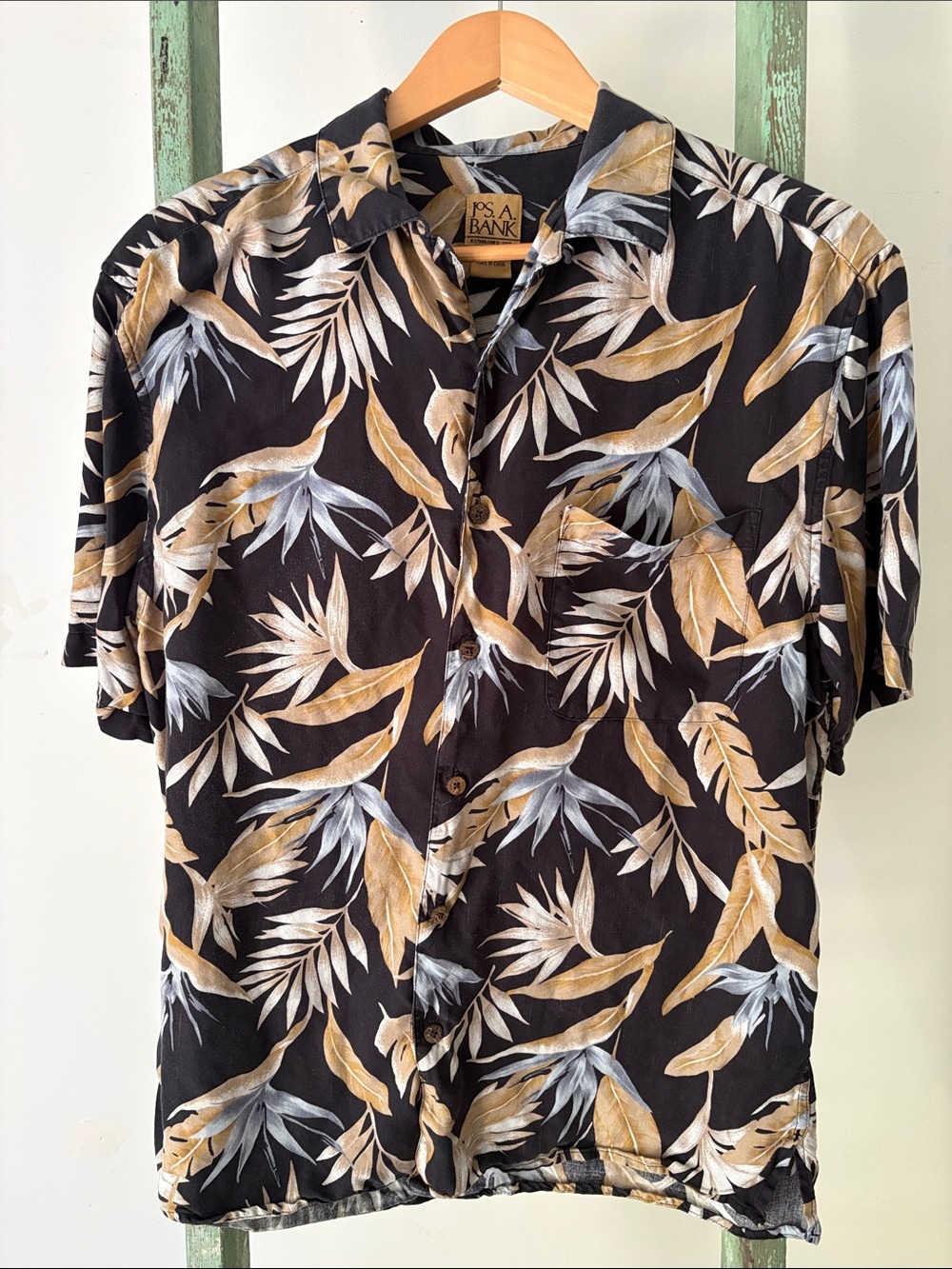 Jos. A. Bank Black Short-Sleeve Button-Down with Gold and Gray Tropical Leaves